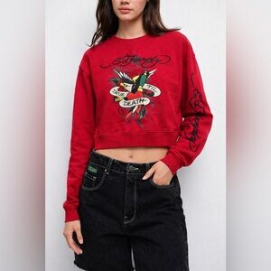 Ed Hardy‎ Women's Red Cropped Graphic Sweatshirt Long Sleeve Casual Size M
